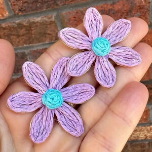 Bohemian Purple Raffia Flower Earrings